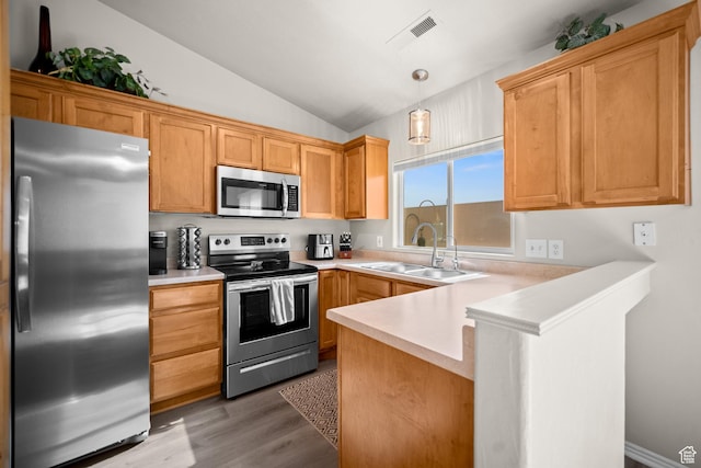 470 E 1100 S Unit 63, St George, UT 84790 - kitchen featuring stainless steel appliances, a peninsula, lofted ceiling, light countertops, and light wood finished floors