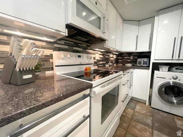 110 S 800 E Unit 300, Salt Lake City, UT 84102 - kitchen with white appliances, washer / clothes dryer, white cabinets, and decorative backsplash