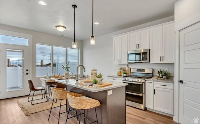 2632 N 2125 W Unit 144, Clinton, UT 84015 - kitchen with stainless steel appliances, a center island with sink, light wood finished floors, light countertops, and white cabinetry