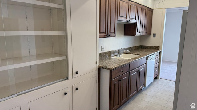 777 E S Temple N Unit 9J, Salt Lake City, UT 84102 - kitchen featuring dark countertops, white appliances, dark brown cabinets, and light tile patterned floors