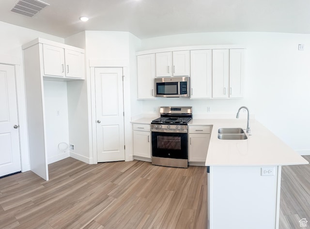 511 S 1225 W Unit 102, Logan, UT 84321 - kitchen with stainless steel appliances, a peninsula, light wood finished floors, light countertops, and white cabinetry