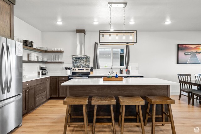 140 W 150 S Unit I34, Garden City, UT 84028 - kitchen featuring appliances with stainless steel finishes, island range hood, a breakfast bar, dark brown cabinetry, and light countertops