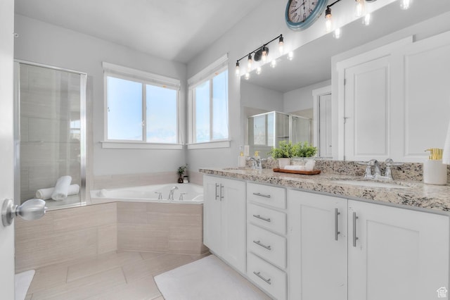 68 N Eden Way, Vineyard, UT 84059 - full bath with double vanity, a shower stall, a bath, and tile patterned floors