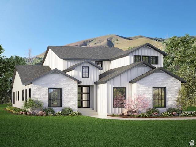 1766 S 1850 W Unit 08, Mapleton, UT 84664 - modern farmhouse with roof with shingles, a front yard, stone siding, and board and batten siding