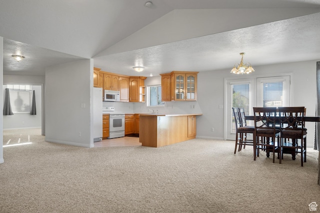 347 N 220 W, Salem, UT 84653 - kitchen with white appliances, light colored carpet, glass insert cabinets, a chandelier, and lofted ceiling