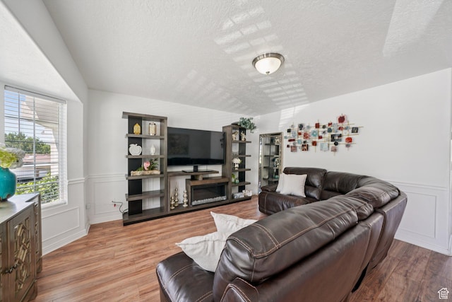 1213 E 540 N, Spanish Fork, UT 84660 - living room with a textured ceiling, a wainscoted wall, wood finished floors, a glass covered fireplace, and a decorative wall