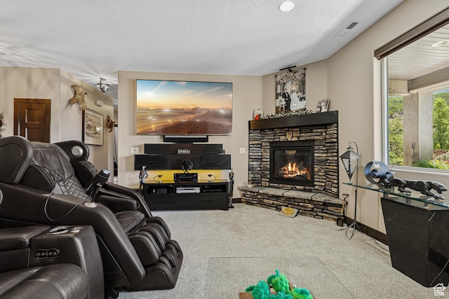 1283 W 1750 S, Cedar City, UT 84720 - carpeted living room with a textured ceiling and a stone fireplace