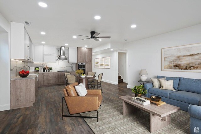 2131 S 1230 W, Syracuse, UT 84075 - living room featuring a ceiling fan, dark wood finished floors, stairs, and recessed lighting