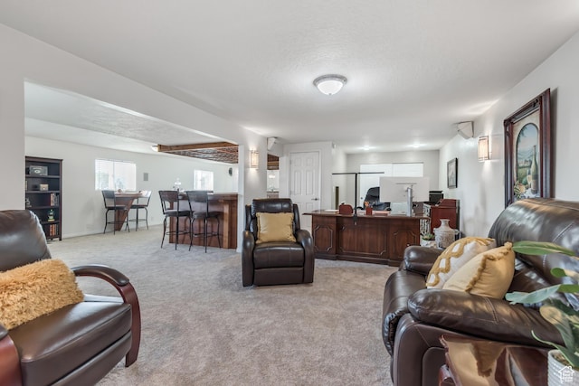 685 S Woodland Hills Dr, Woodland Hills, UT 84653 - living room featuring carpet, bar area, and a textured ceiling