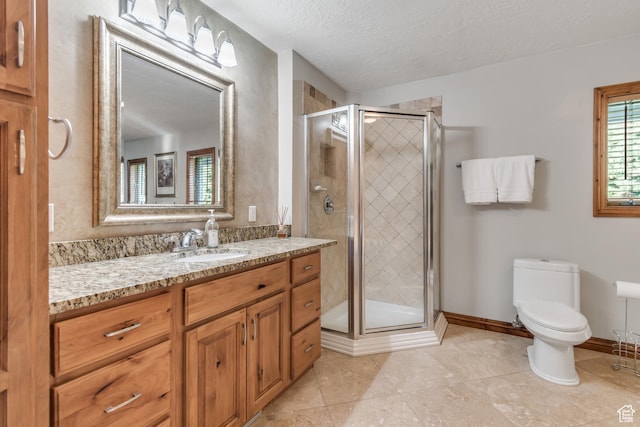 685 S Woodland Hills Dr, Woodland Hills, UT 84653 - bathroom featuring vanity, a stall shower, a textured ceiling, and tile patterned flooring