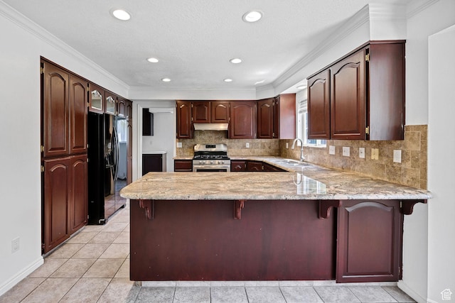672 E Center St, Providence, UT 84332 - kitchen with stainless steel gas range, black fridge, a peninsula, under cabinet range hood, and tasteful backsplash