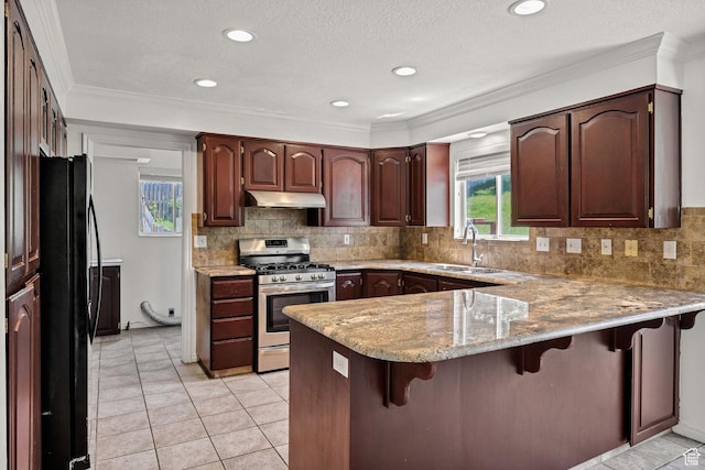 672 E Center St, Providence, UT 84332 - kitchen featuring stainless steel gas range oven, under cabinet range hood, a peninsula, freestanding refrigerator, and a kitchen bar
