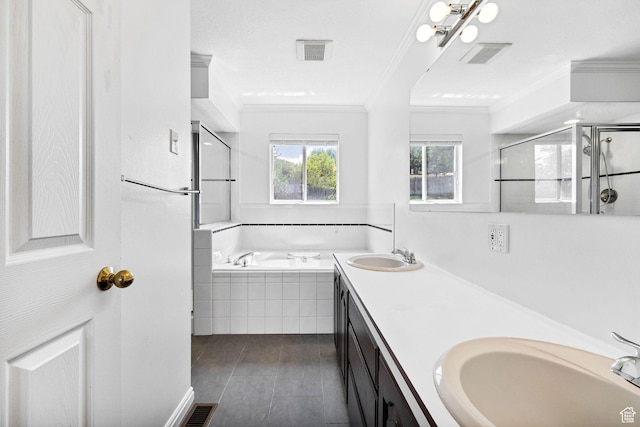 672 E Center St, Providence, UT 84332 - full bathroom featuring crown molding, a bath, double vanity, a shower stall, and wood finished floors
