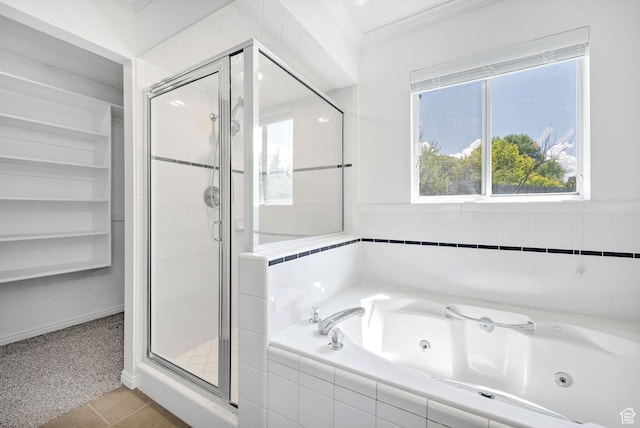 672 E Center St, Providence, UT 84332 - bathroom featuring crown molding, a shower stall, a jetted tub, and tile patterned floors