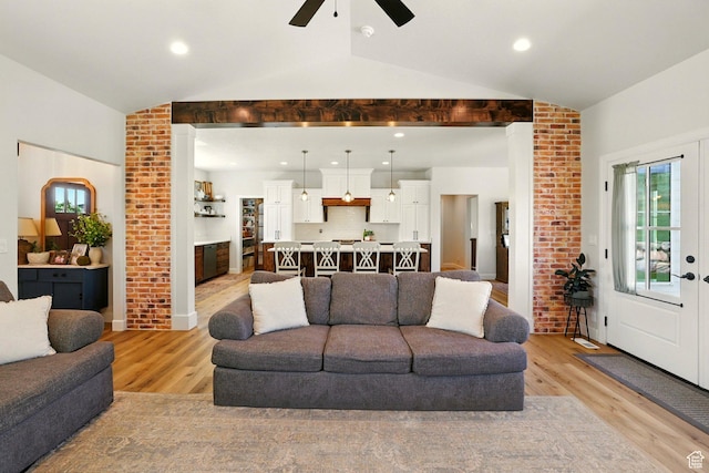 13189 N Brookside Dr, Garland, UT 84312 - living room with light wood-type flooring, ceiling fan, recessed lighting, and high vaulted ceiling