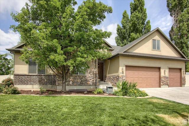 2832 S 1200 W, Syracuse, UT 84075 - view of front of house featuring stucco siding, a front yard, a garage, stone siding, and driveway