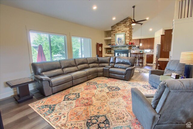 2832 S 1200 W, Syracuse, UT 84075 - living room with a ceiling fan, wood finished floors, high vaulted ceiling, and recessed lighting