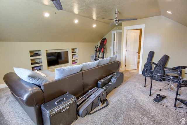2832 S 1200 W, Syracuse, UT 84075 - carpeted cinema featuring a ceiling fan, lofted ceiling, built in features, recessed lighting, and a textured ceiling