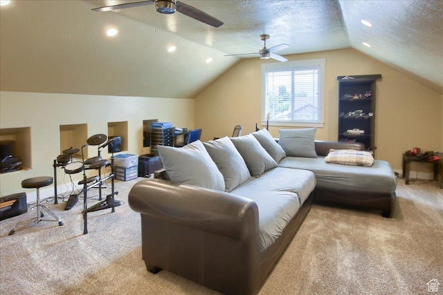 2832 S 1200 W, Syracuse, UT 84075 - carpeted living room with ceiling fan, vaulted ceiling, a textured ceiling, and recessed lighting