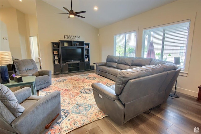 2832 S 1200 W, Syracuse, UT 84075 - living room with a ceiling fan, wood finished floors, recessed lighting, and high vaulted ceiling