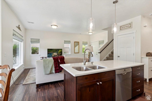 756 Spring Pond Dr, Farmington, UT 84025 - kitchen featuring stainless steel dishwasher, dark wood-type flooring, light countertops, and open floor plan