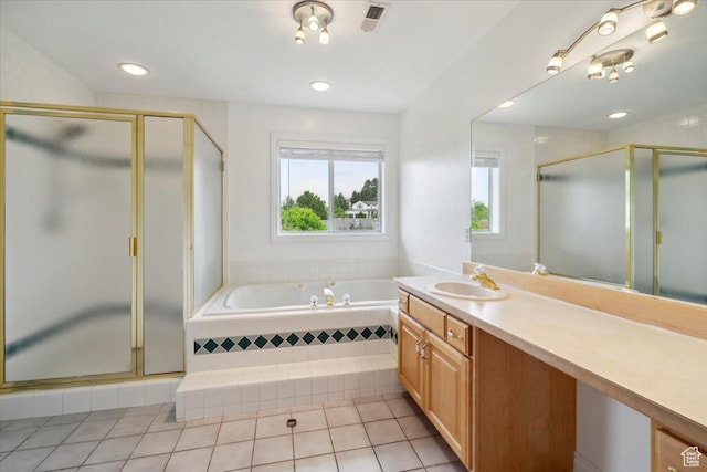 3181 E Deer Creek Cir, Cottonwood Heights, UT 84121 - full bath featuring vanity, tile patterned flooring, a stall shower, and a bath