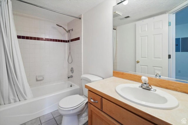 3181 E Deer Creek Cir, Cottonwood Heights, UT 84121 - bathroom with shower / bathtub combination with curtain, a textured ceiling, vanity, and tile patterned flooring