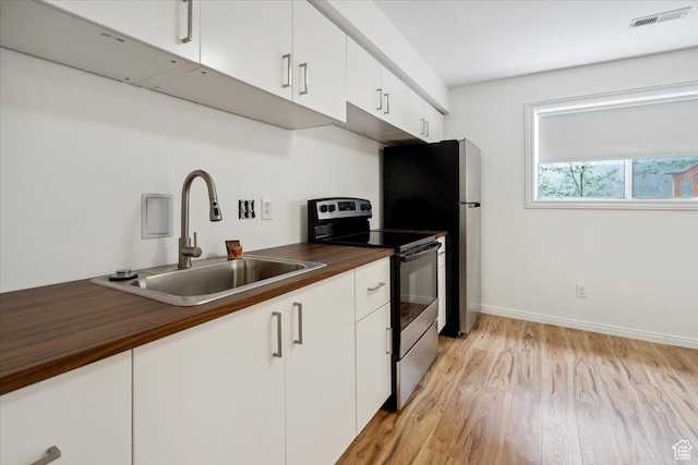 3181 E Deer Creek Cir, Cottonwood Heights, UT 84121 - kitchen featuring stainless steel range with electric cooktop, light wood-style flooring, white cabinetry, and butcher block counters