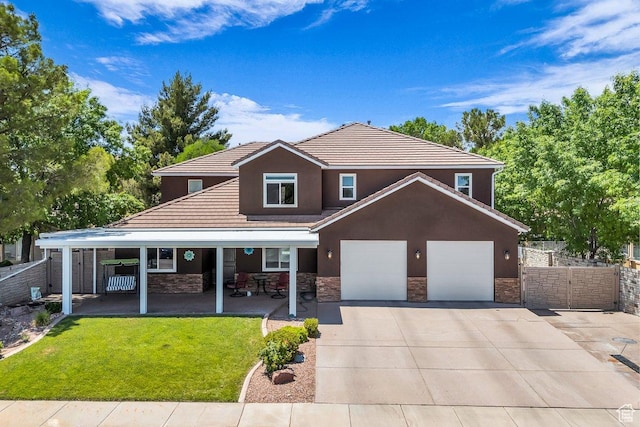 2119 Blair Cir, Santa Clara, UT 84765 - view of front facade with concrete driveway, covered porch, stone siding, a tile roof, and an attached garage