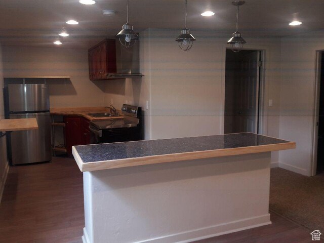 1584 E Petunia Way, Sandy, UT 84092 - kitchen featuring freestanding refrigerator, exhaust hood, electric range oven, dark wood-style flooring, and recessed lighting