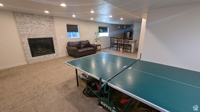1584 E Petunia Way, Sandy, UT 84092 - game room with recessed lighting, carpet floors, and a stone fireplace