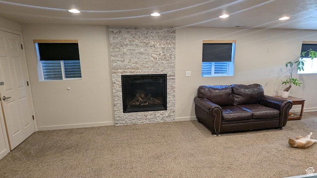 1584 E Petunia Way, Sandy, UT 84092 - living room with carpet, recessed lighting, and a fireplace