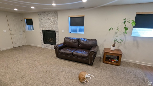1584 E Petunia Way, Sandy, UT 84092 - carpeted living room featuring recessed lighting and a fireplace