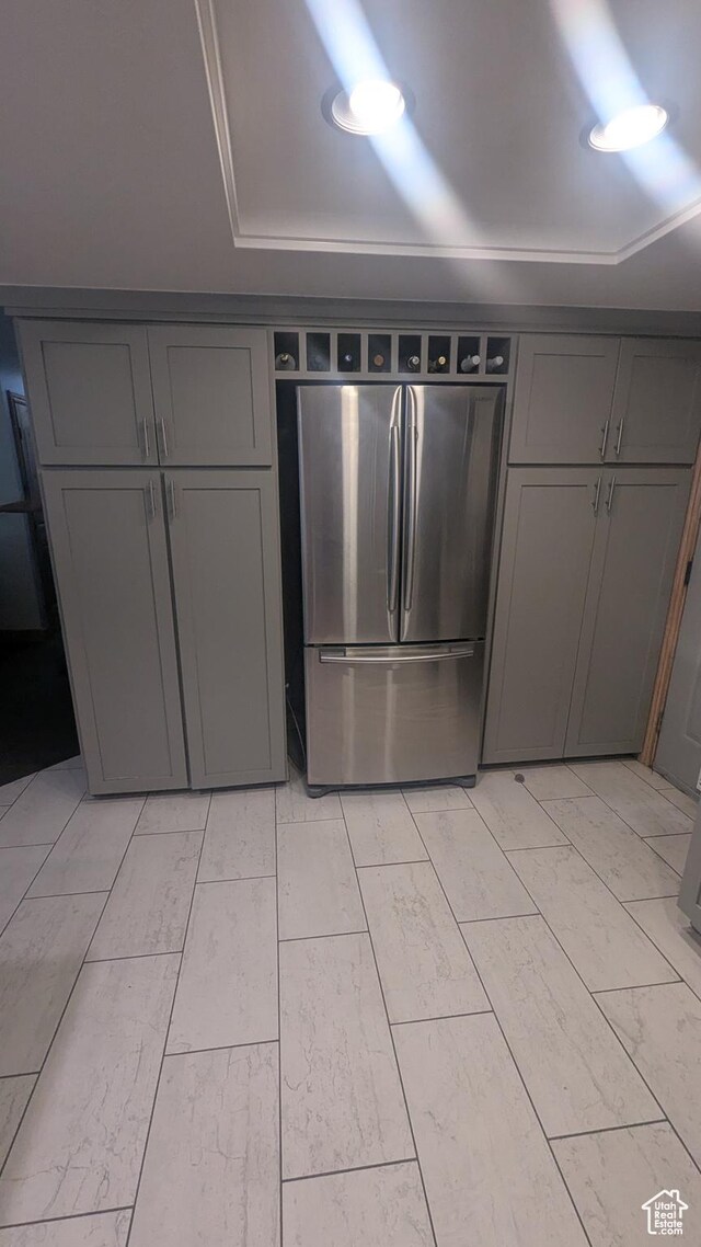 1584 E Petunia Way, Sandy, UT 84092 - kitchen featuring freestanding refrigerator, gray cabinets, and light wood-style flooring