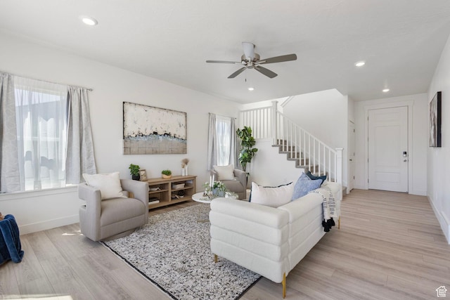 7494 N Silver Ridge Rd Unit 3466, Eagle Mountain, UT 84005 - living area with light wood-style floors, stairway, recessed lighting, and ceiling fan