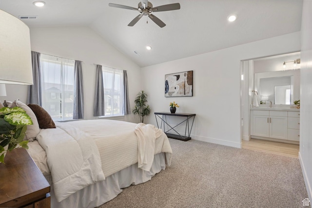 7494 N Silver Ridge Rd Unit 3466, Eagle Mountain, UT 84005 - bedroom with lofted ceiling, light carpet, recessed lighting, connected bathroom, and ceiling fan