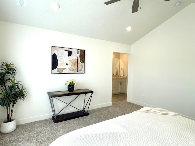 7494 N Silver Ridge Rd Unit 3466, Eagle Mountain, UT 84005 - carpeted bedroom featuring recessed lighting, ceiling fan, ensuite bath, and lofted ceiling