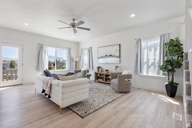7494 N Silver Ridge Rd Unit 3466, Eagle Mountain, UT 84005 - living area with light wood finished floors, a ceiling fan, and recessed lighting