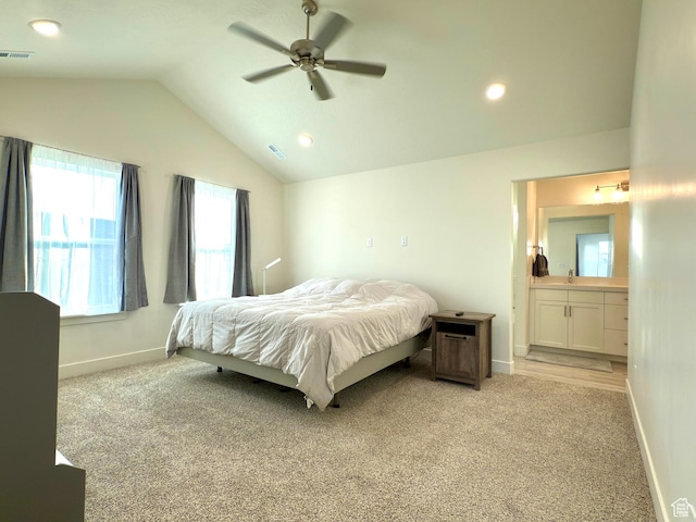 7494 N Silver Ridge Rd Unit 3466, Eagle Mountain, UT 84005 - bedroom featuring light carpet, vaulted ceiling, recessed lighting, a ceiling fan, and ensuite bathroom