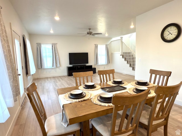 7494 N Silver Ridge Rd Unit 3466, Eagle Mountain, UT 84005 - dining room with plenty of natural light, stairs, light wood-style flooring, a ceiling fan, and recessed lighting