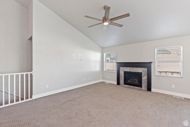 916 Cold Creek Way, Layton, UT 84041 - unfurnished living room with a ceiling fan, carpet floors, vaulted ceiling, and a high end fireplace
