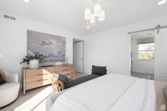 6556 S Jefferson St Unit 15, Murray, UT 84107 - bedroom featuring recessed lighting, a barn door, a chandelier, and light colored carpet