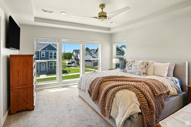 847 N 2125 W, Layton, UT 84041 - bedroom featuring a tray ceiling, carpet, ceiling fan, and a residential view