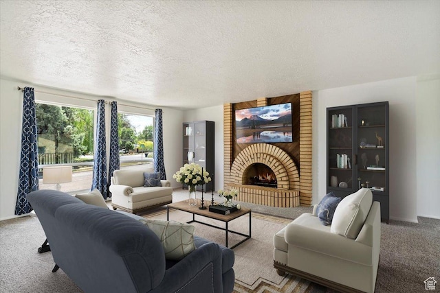 1128 W 4650 S, Riverdale, UT 84405 - carpeted living area featuring a textured ceiling and a brick fireplace