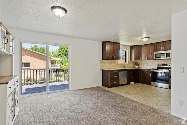 1128 W 4650 S, Riverdale, UT 84405 - kitchen with stainless steel appliances, light carpet, dark brown cabinets, plenty of natural light, and a textured ceiling