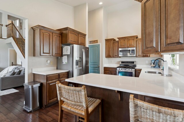 163 Cold Creek Way, Layton, UT 84041 - kitchen featuring appliances with stainless steel finishes, a high ceiling, a peninsula, dark wood finished floors, and light countertops