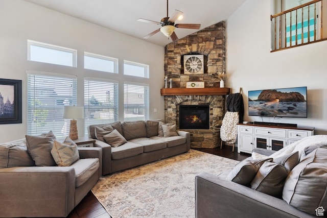 163 Cold Creek Way, Layton, UT 84041 - living area featuring ceiling fan, high vaulted ceiling, dark wood-type flooring, and a fireplace