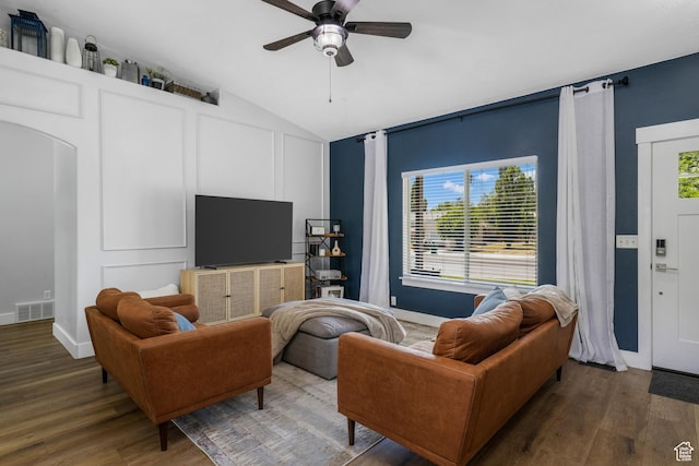 450 N 200 E, Lehi, UT 84043 - living area featuring wood finished floors, a ceiling fan, and lofted ceiling
