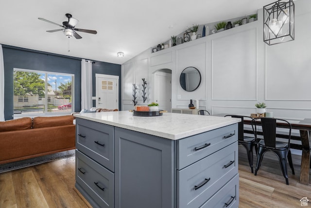 450 N 200 E, Lehi, UT 84043 - kitchen featuring gray cabinets, open floor plan, vaulted ceiling, dark wood-style floors, and a ceiling fan
