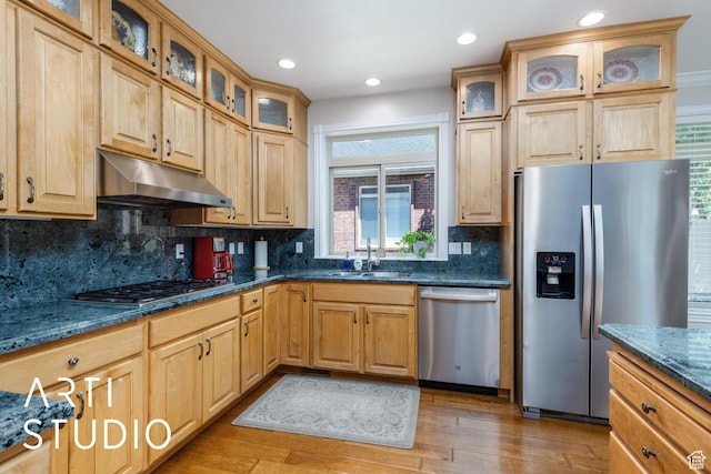 841 E 5875 S, South Ogden, UT 84405 - kitchen with appliances with stainless steel finishes, under cabinet range hood, light wood finished floors, tasteful backsplash, and recessed lighting